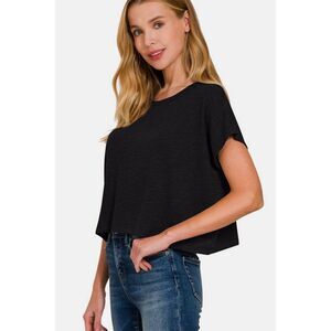 Zenana Casual Boxy Tee  in Black Short Sleeve Crop T-Shirt sz XL